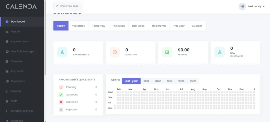 Calenda - Appointment Scheduling Software Dashboard Preview
