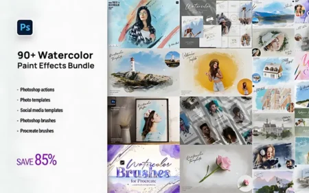 Watercolor paint effect photoshop bundle banner