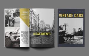 Black and white magazine mockup with images