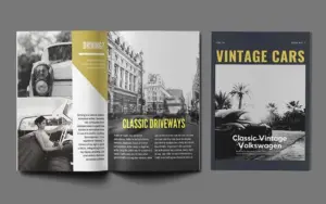 Black and white magazine mockup with images
