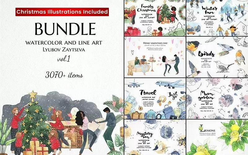 3000+ Watercolor Illustrations Bundle