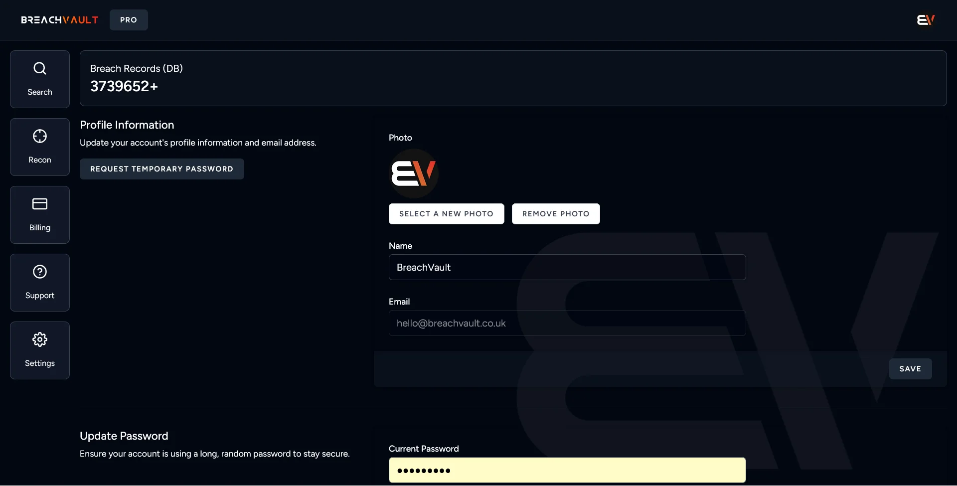 Account UI of BreachVault