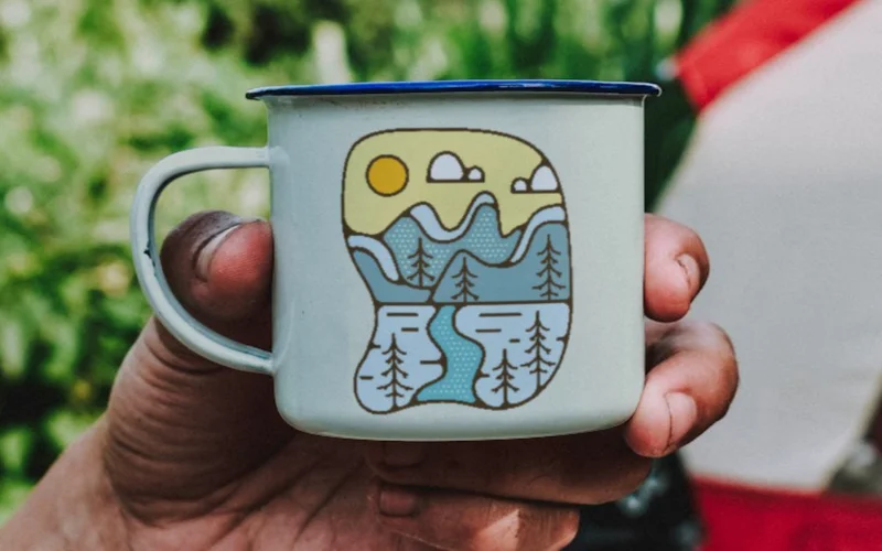 Summer Camping Badges overlay on coffee mug