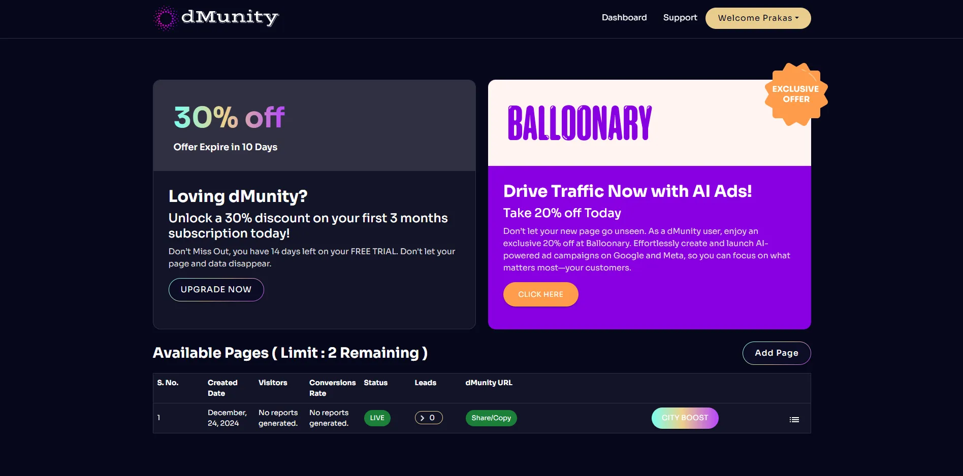 Dahboard preview of dMunity