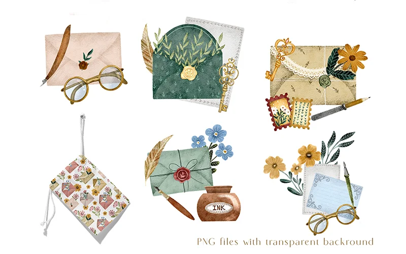 envelopes with quills and glasses