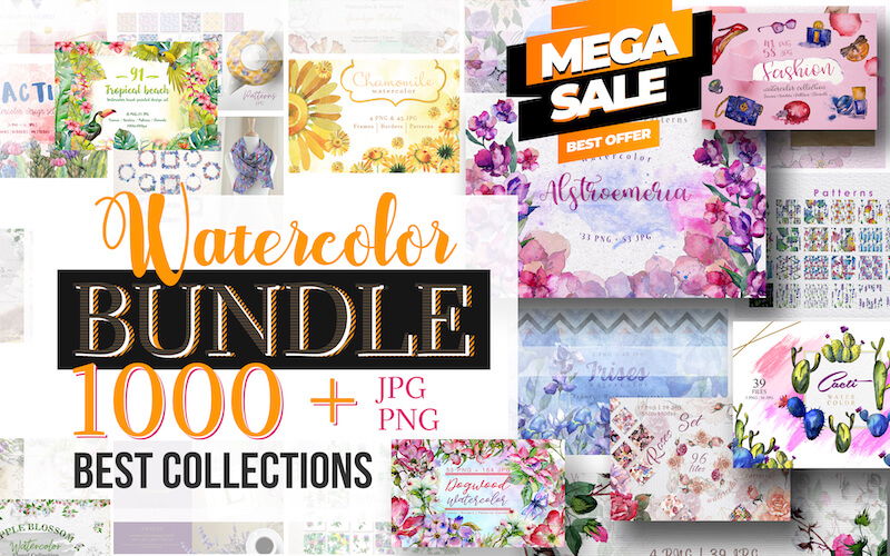 1000+ Watercolor Floral Elements Bundle Feature Image