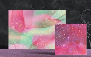 Two art prints featuring pastel wave patterns and vibrant pink glitter textures against marble.