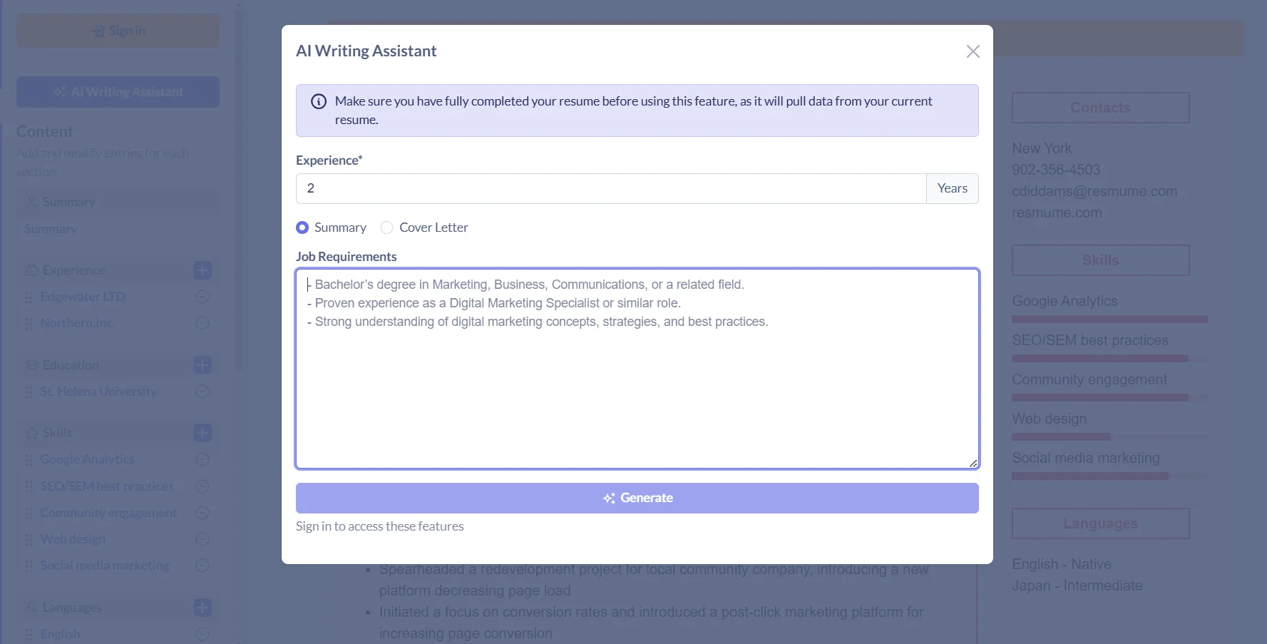 AI Writing Assistant - Resmume AI - CV Builder