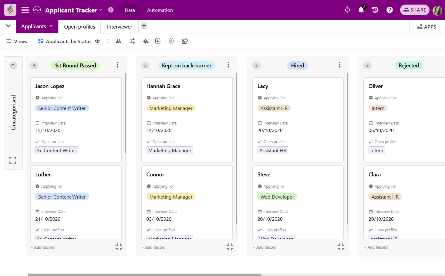 Applicant Tracker Kanban View Of Stackby