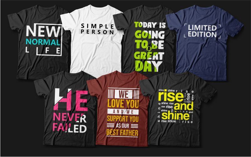 The unique t-shirt prints included in the bundle printed on different colored t-shirts.