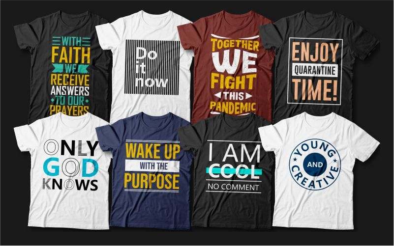 The creative t-shirt prints included in the bundle printed on different colored t-shirts.