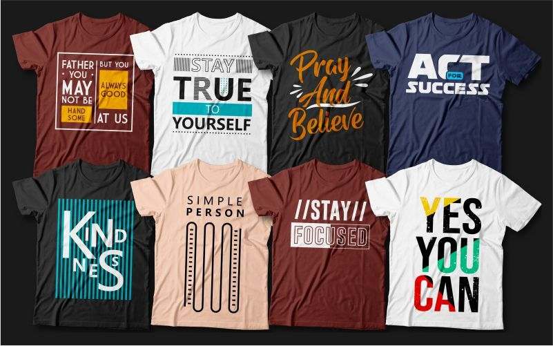 The unique t-shirt designs included in the bundle printed on different colored t-shirts.