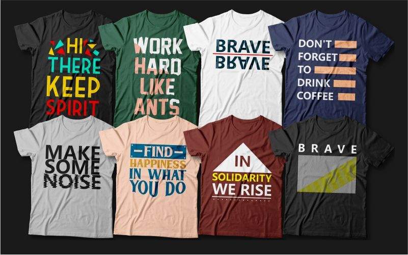 The cool t-shirt designs included in the bundle printed on different colored t-shirts.