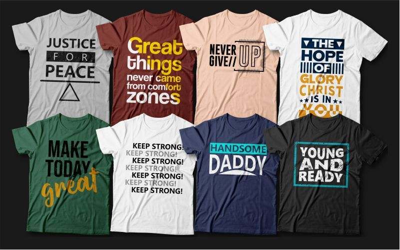 A preview of the creative t-shirt designs included in the bundle printed on different colored t-shirts.