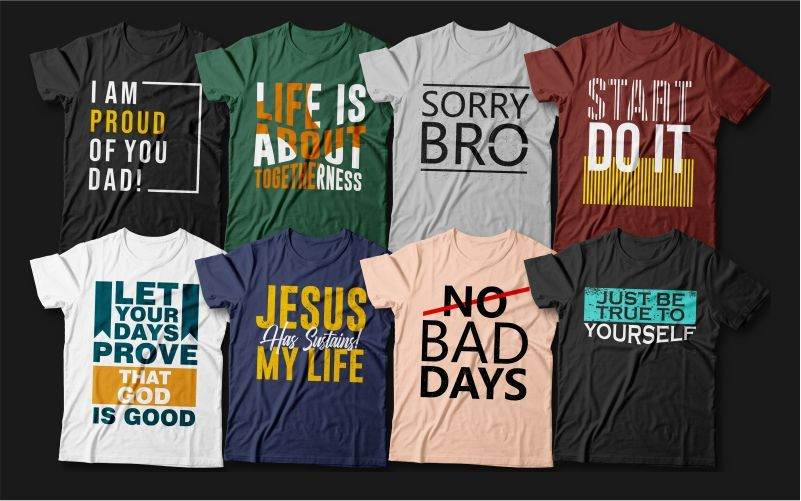 A preview of the cool t-shirt designs included in the bundle printed on different colored t-shirts.