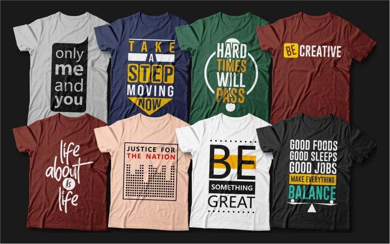 A preview of the cool t-shirt designs included in the bundle printed on different colored t-shirts.