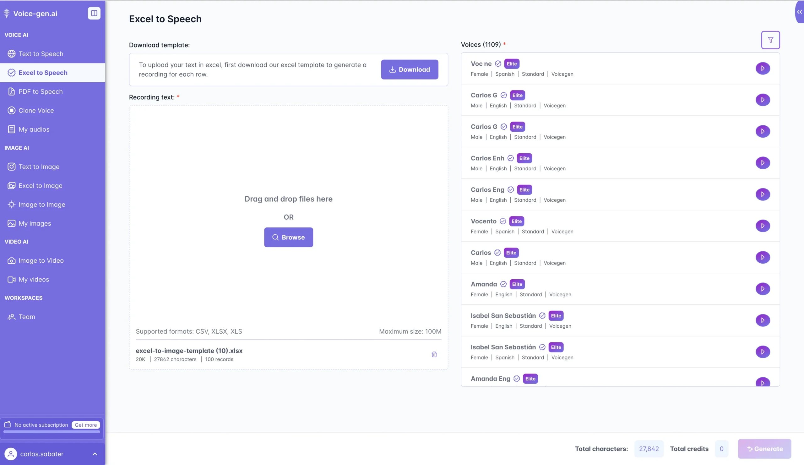 Excel To Speech Feature Of VoiceGen ai