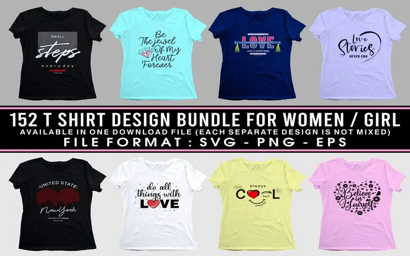 152+ Women's T-Shirt Desigsn Bundle FEature Image