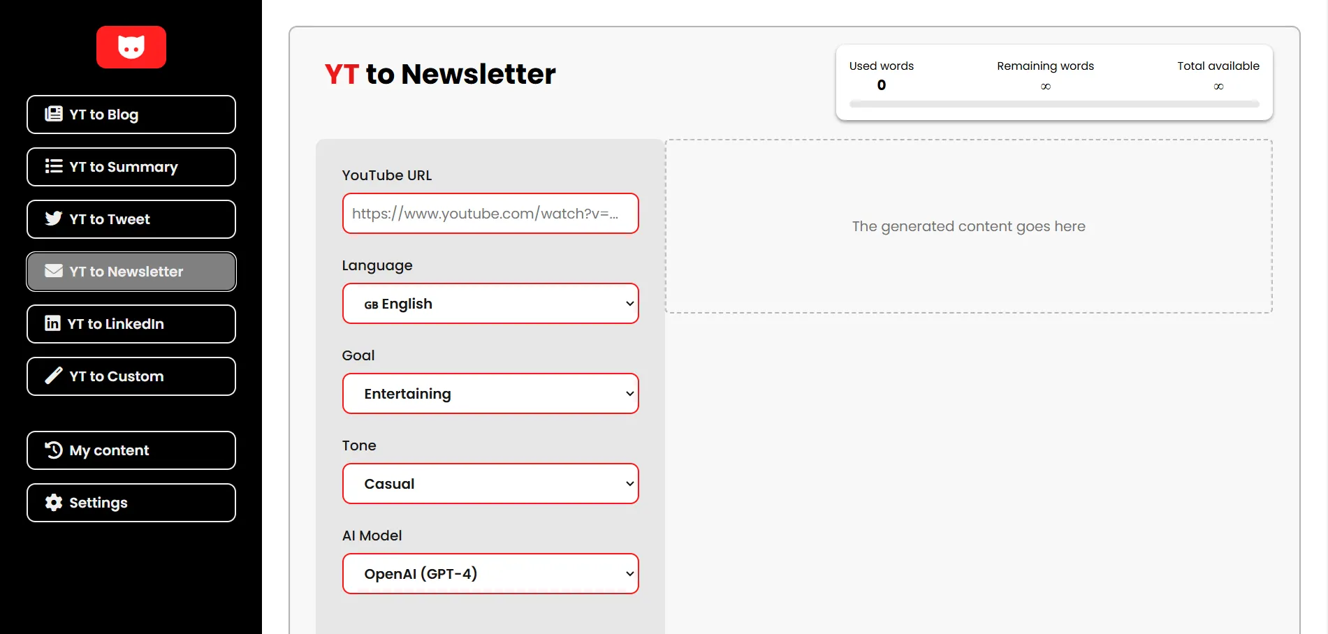 Preview of YT CopyCat YT- To- Newsletter Interface
