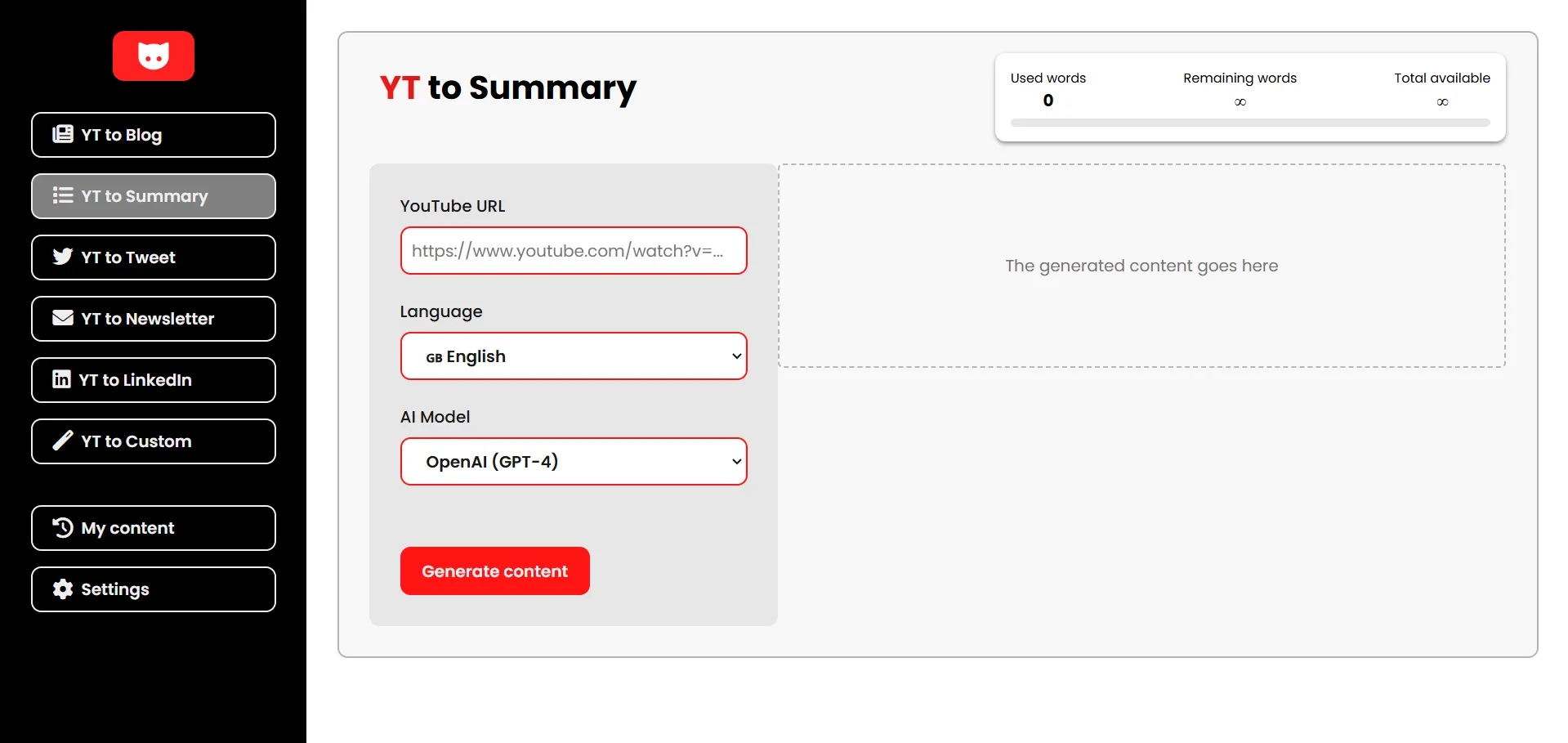 Preview of YT CopyCat YT- To- Summary Interface
