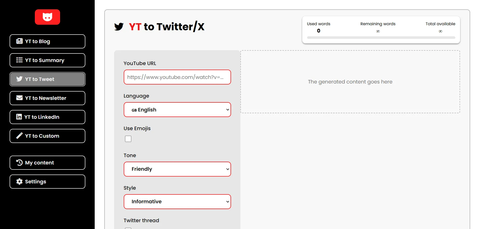 Preview of YT CopyCat YT - To - Twitter Interface