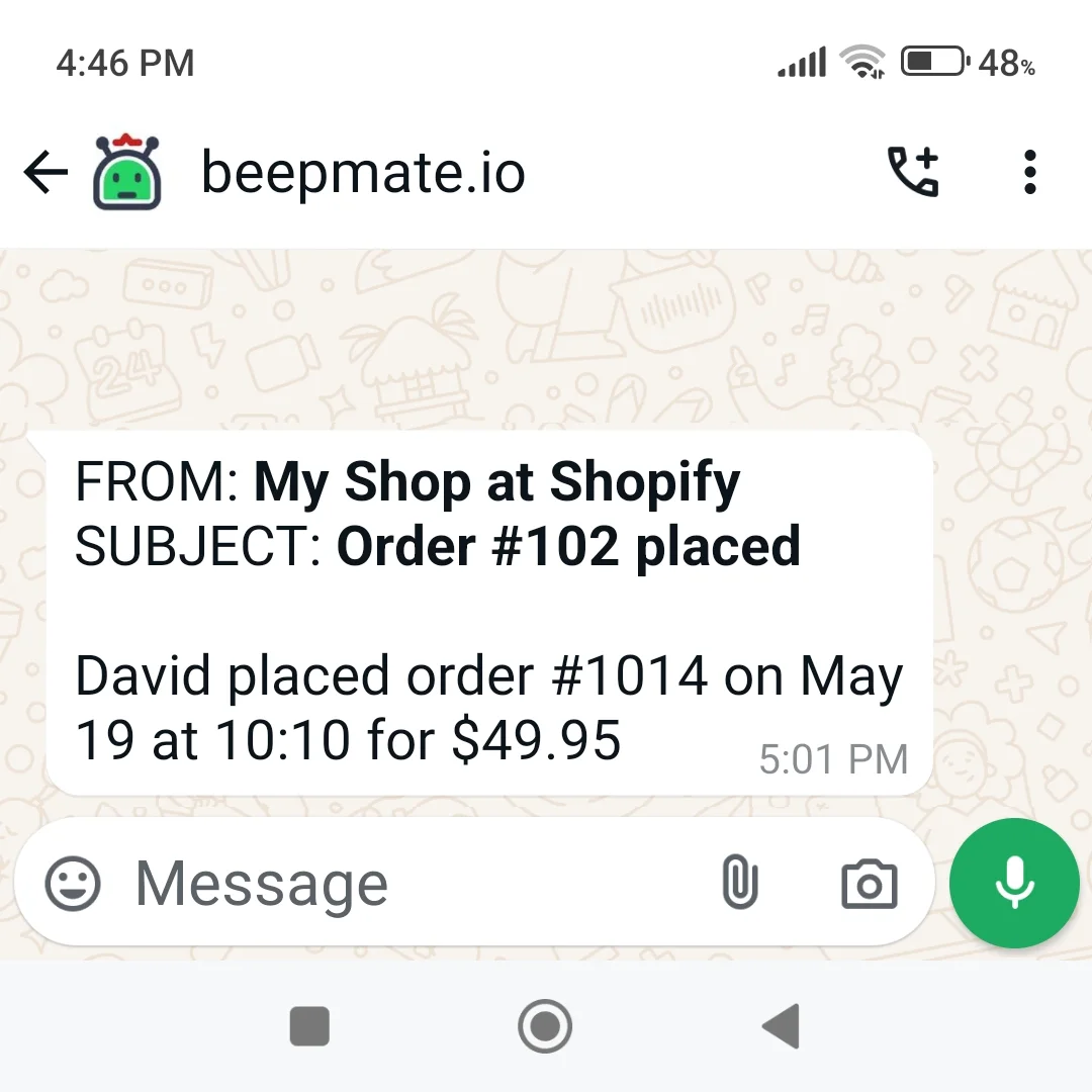 Email Alert received on Whatsapp BeepMate