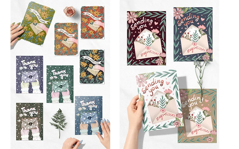 letter card illustrations with floral backgrounds