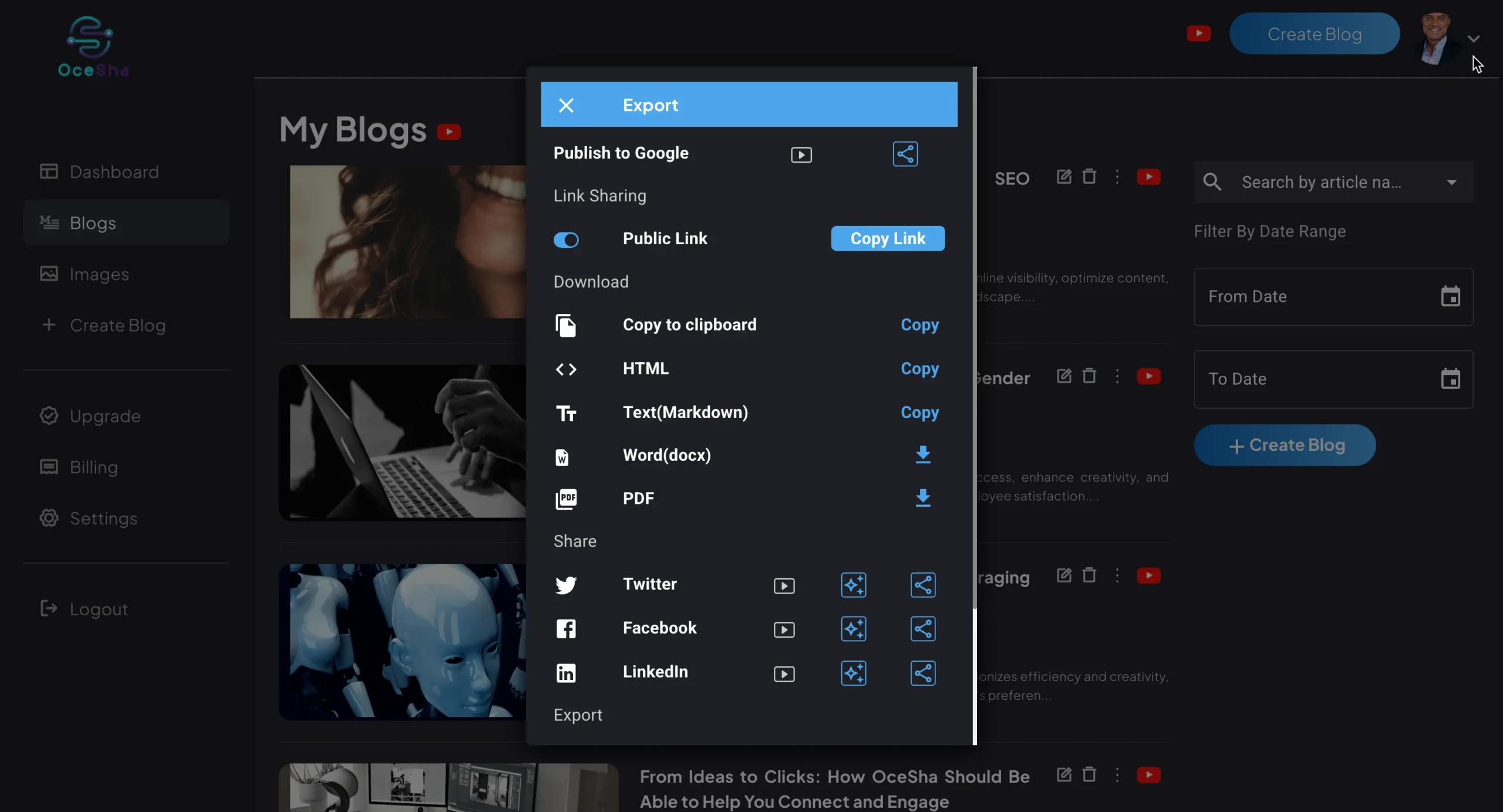 Ocesha - AI Content Repurposing Tool Export Options