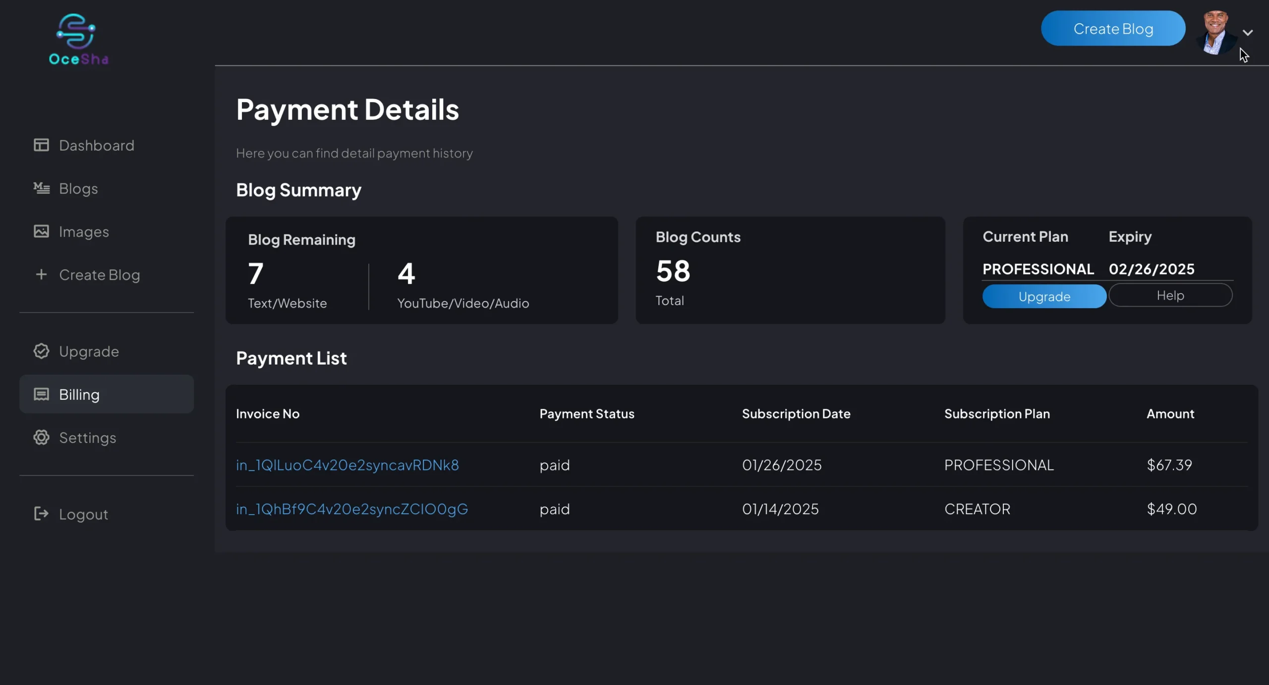 Ocesha - AI Content Repurposing Tool Payments UI