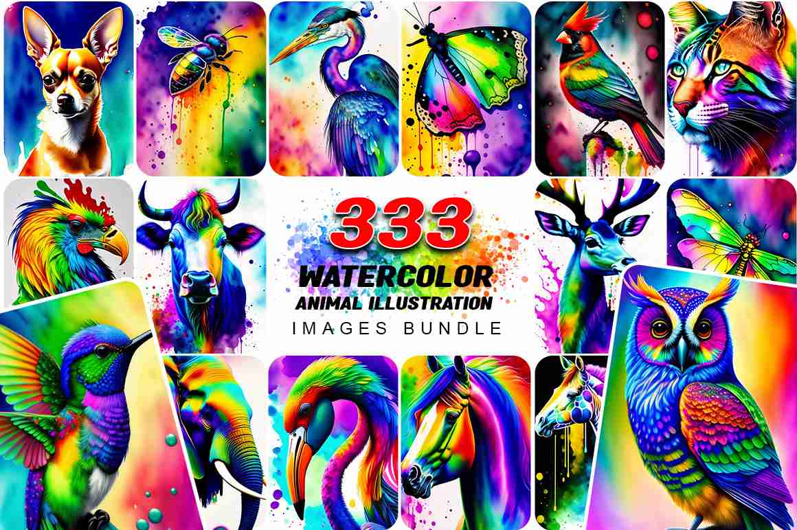 333 Watercolor animal illustration image bundle