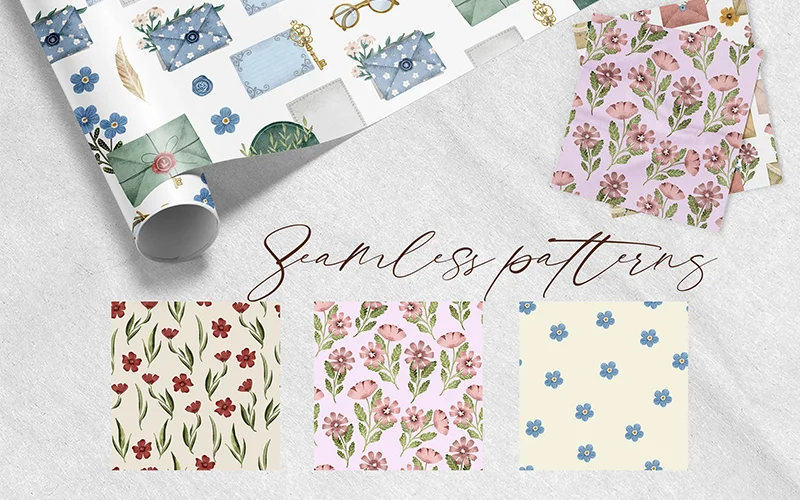 seamless floral patterns in red, blue and pink color