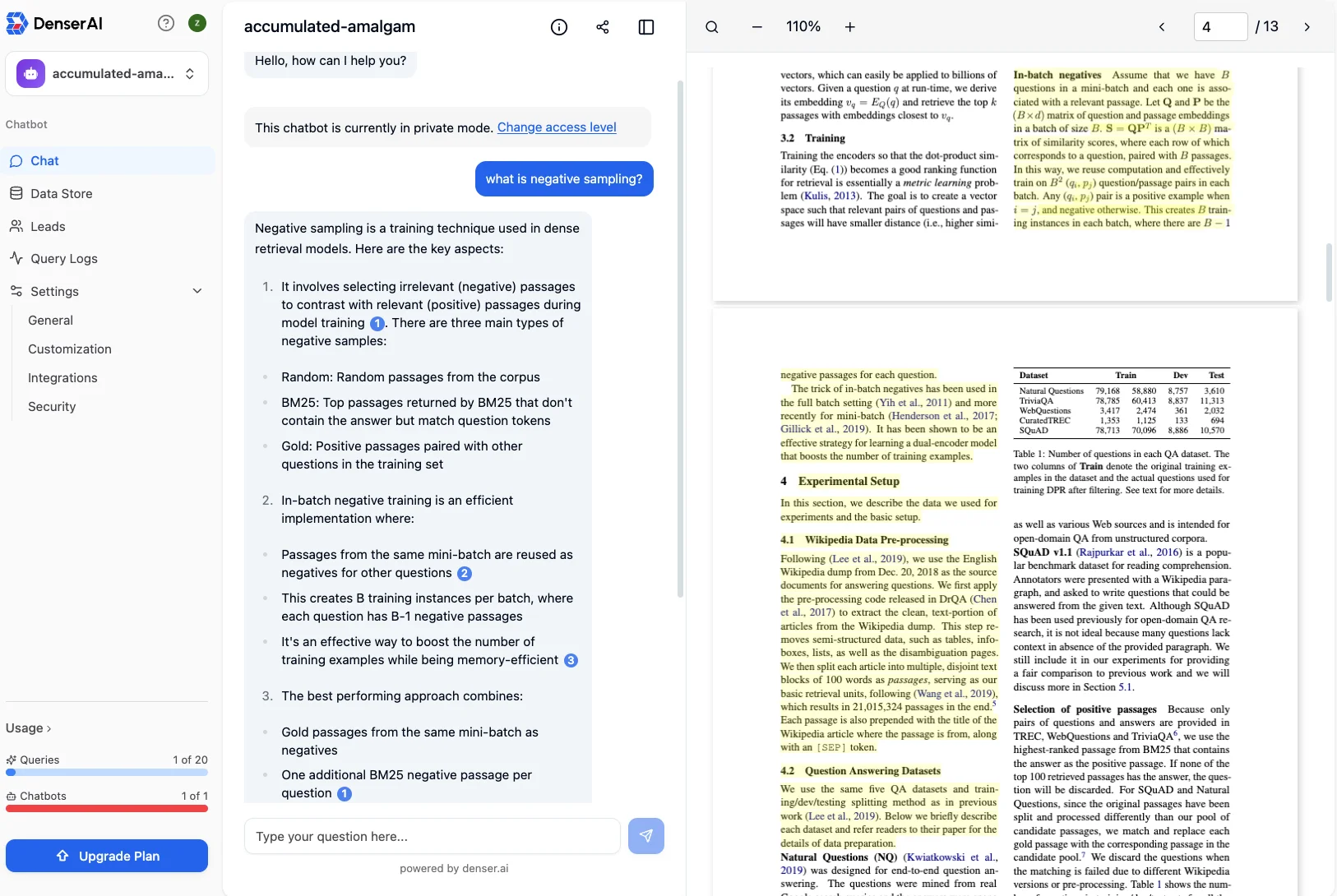 Chat With PDF Feature of DenserAI - Build AI Chatbots