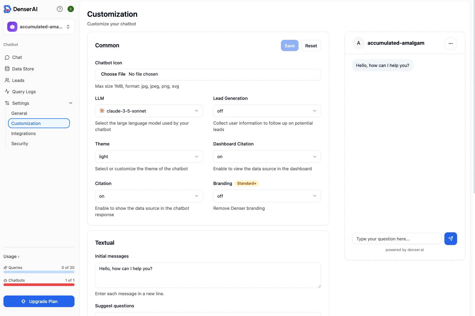 User Interface of Chatbot customization