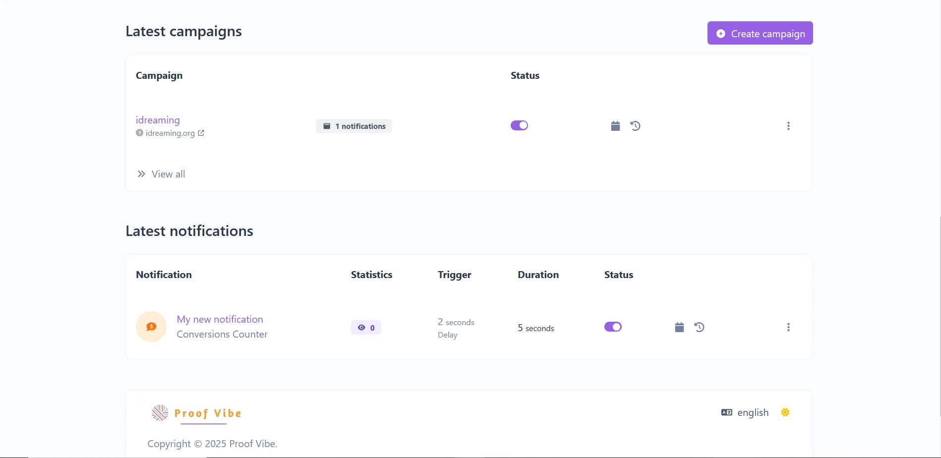 Dashboard UI Of Proof Vibe - Social Proof Tool