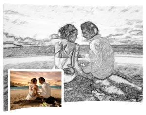 before and after image of a couple in sketch format created using Sketch of a girl created in different patterns - Sketch Drawer - Turn Photos Into Sketch