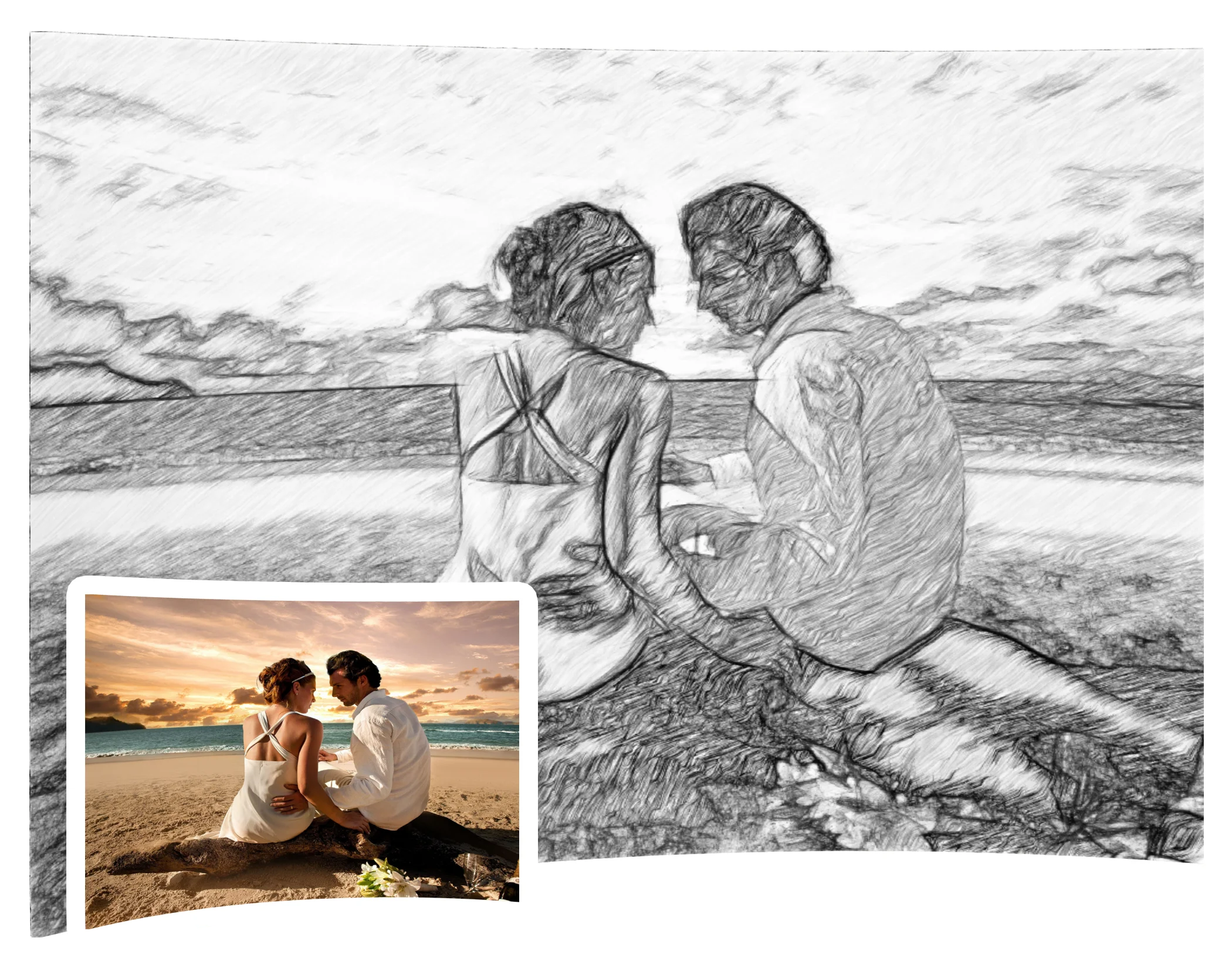 before and after image of a couple in sketch format created using Sketch of a girl created in different patterns - Sketch Drawer - Turn Photos Into Sketch