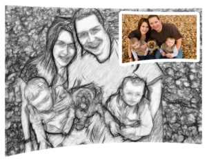 Before and after image of a couple with kids created into sketch
