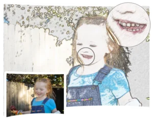 Before and after sketch of a little girl made using Sketch Drawer - Turn Photos Into Sketch