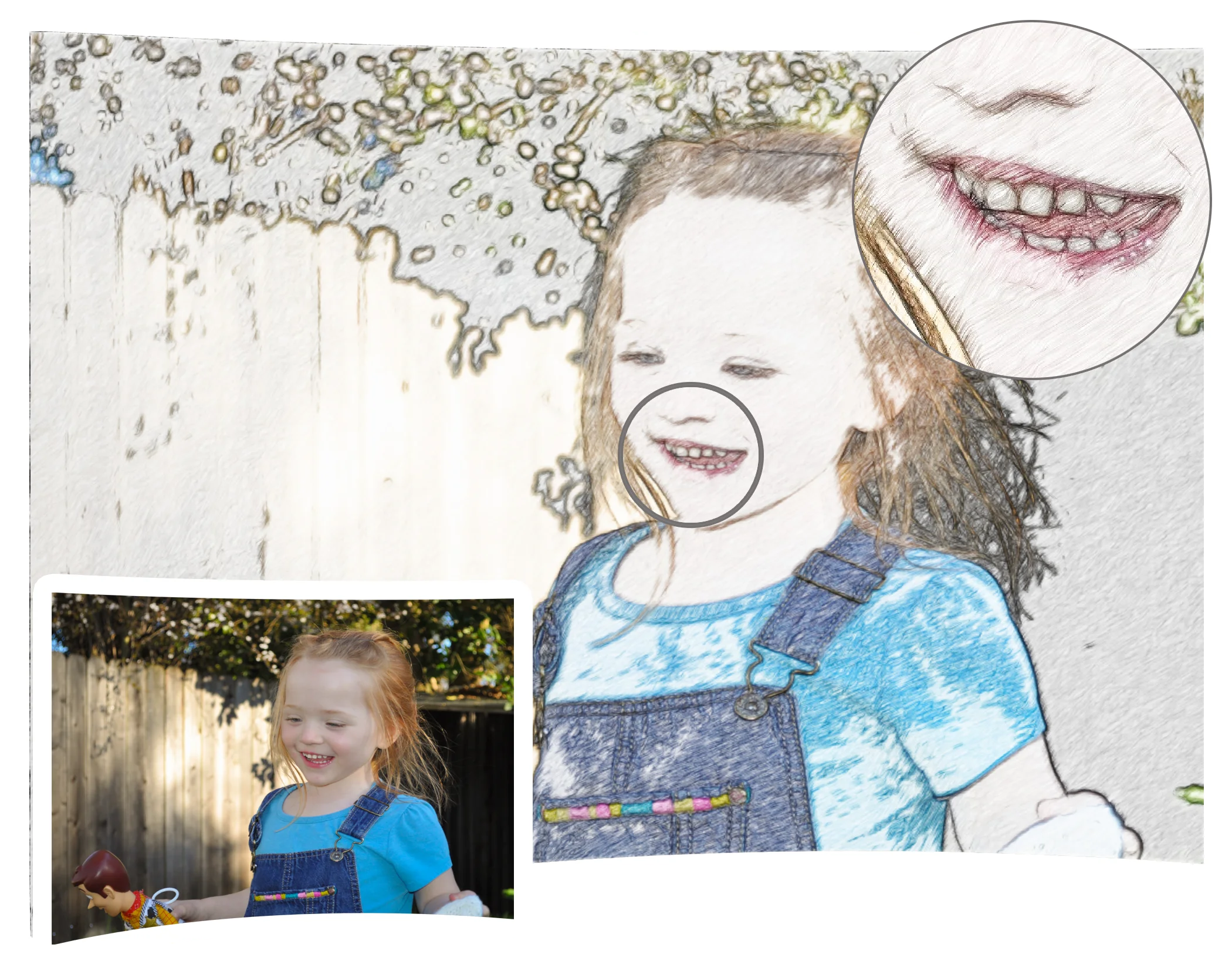 Before and after sketch of a little girl made using Sketch Drawer - Turn Photos Into Sketch