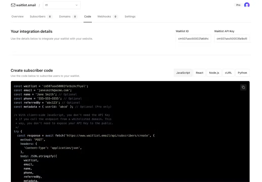 Waitlist.Email Pre-Launch Waitlist Software Create Subscriber Code