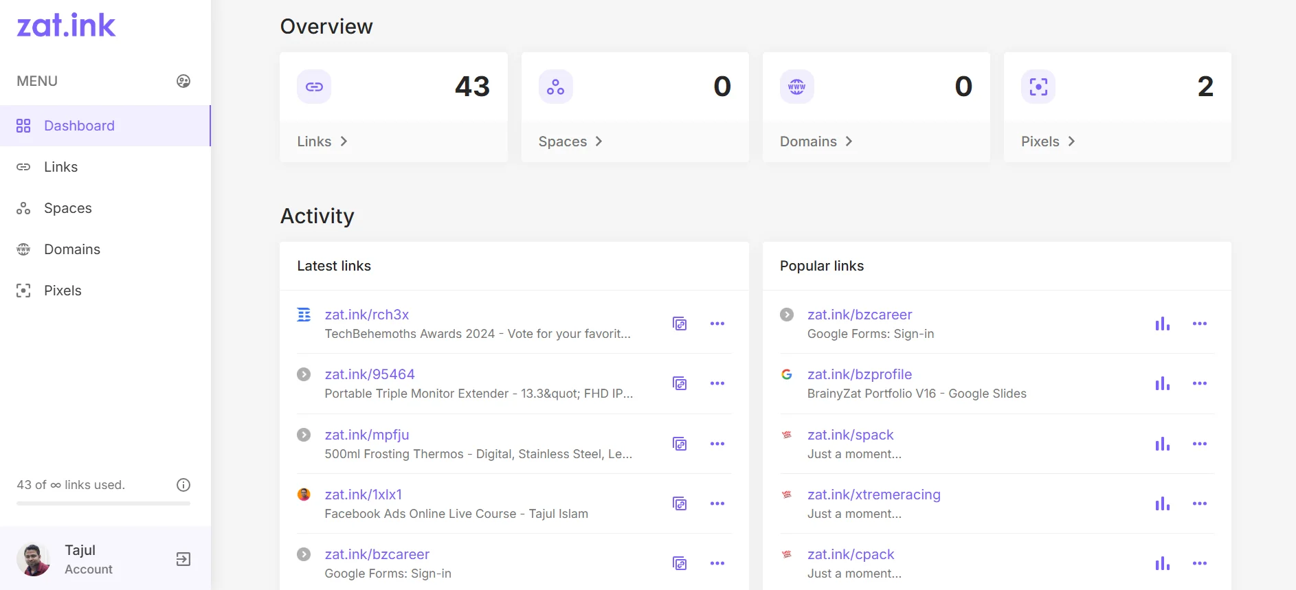 Dashboard user interface of zat.ink