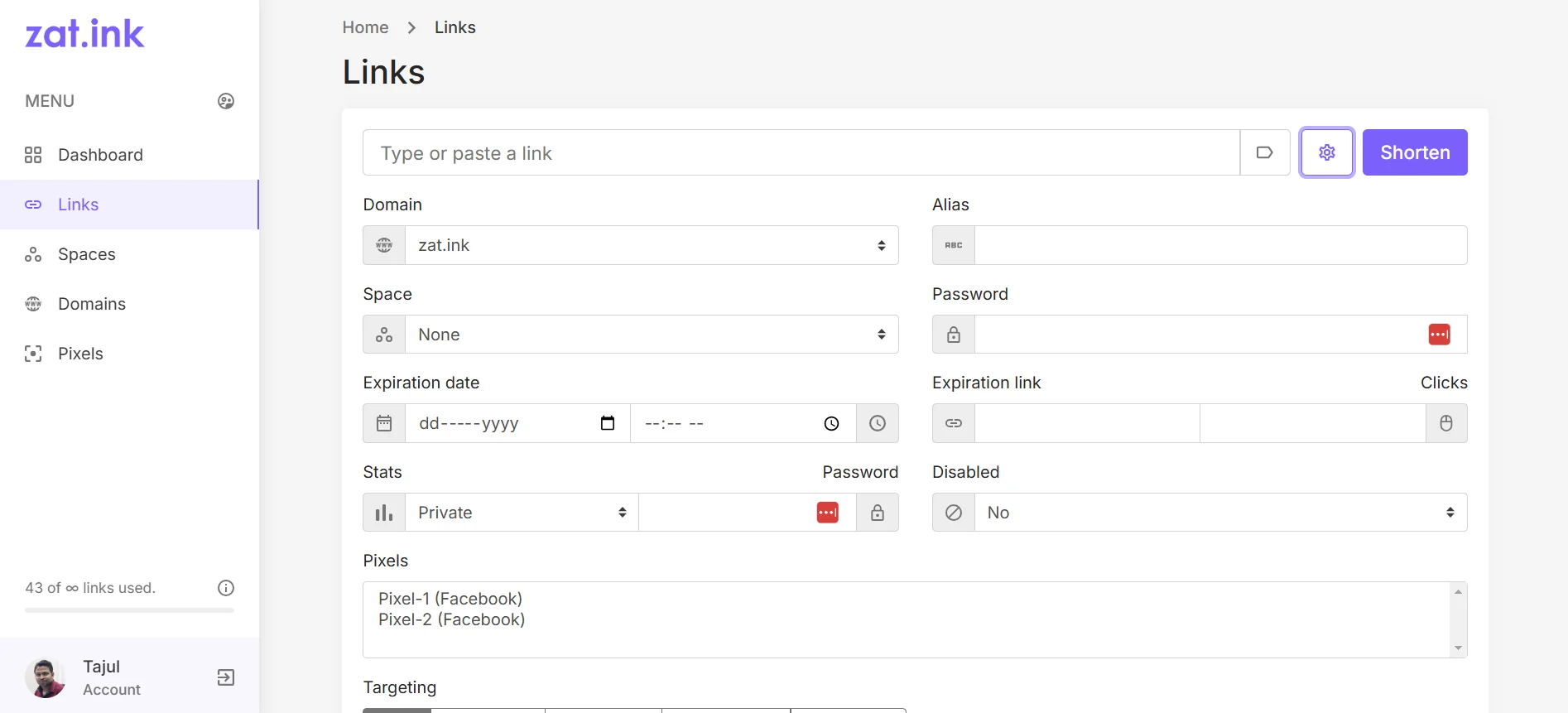 Zat.ink - URL Shortening Tool - Link management tool UI