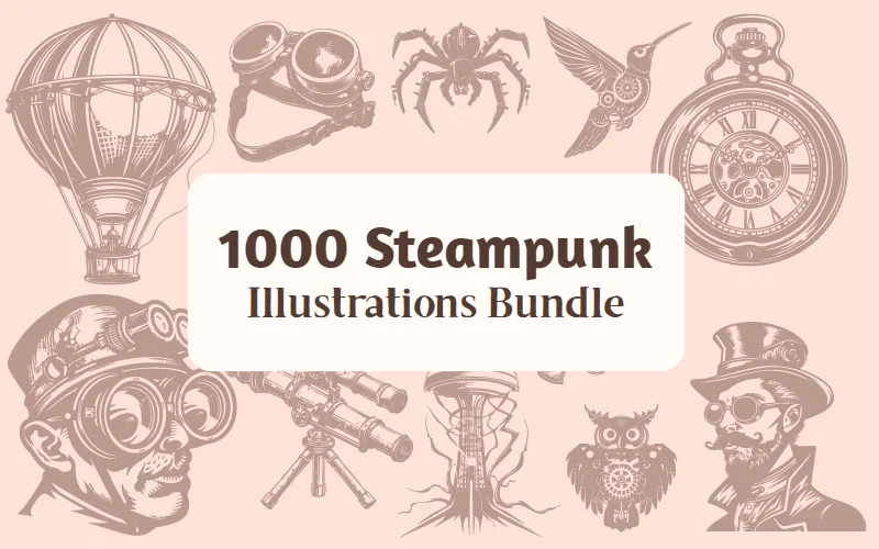 1000 Steampunk Illustrations Bundle Feature Image