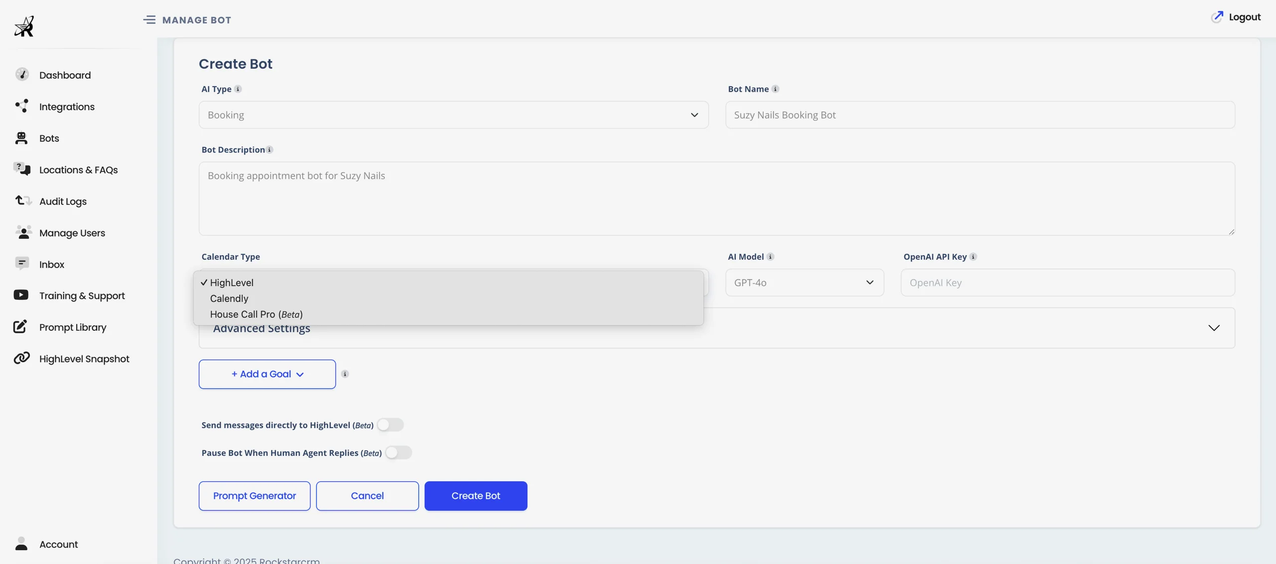 ChatbotAI - AI Chatbot Generator Feature Interface to integrate with multiple calendar