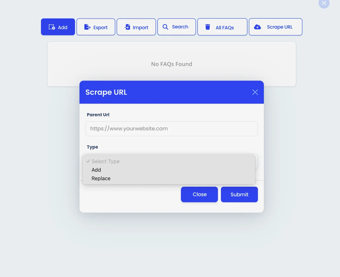 scrape URL For FAQs feature of ChatbotAI - AI Chatbot Generator