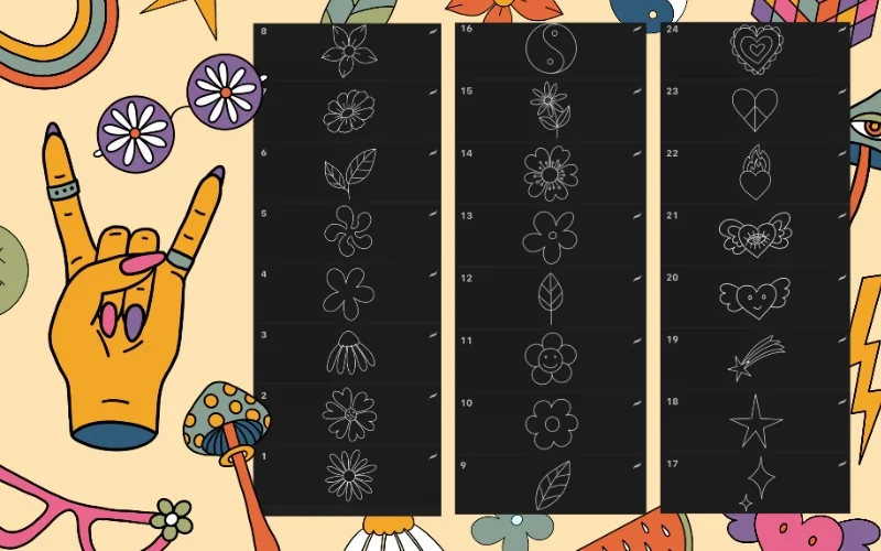 Collage of floral, hearts, and psychedelic procreate Stamps