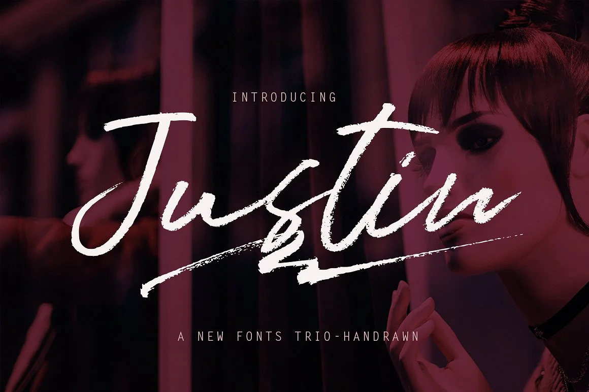 Justin Font in white on a dark background Calligraphy Fonts Bundle