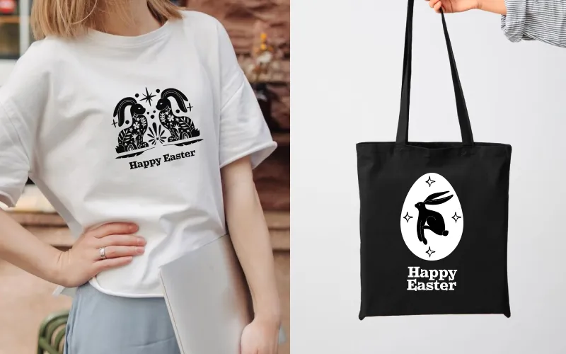Linocut Easter Images printed on a white tshirt and a black tote bag