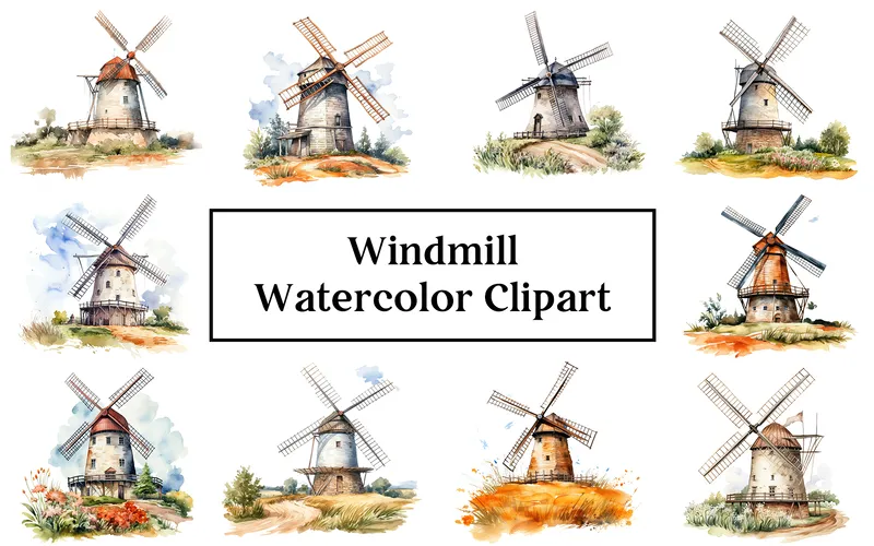 Windmill Watercolor Clipart