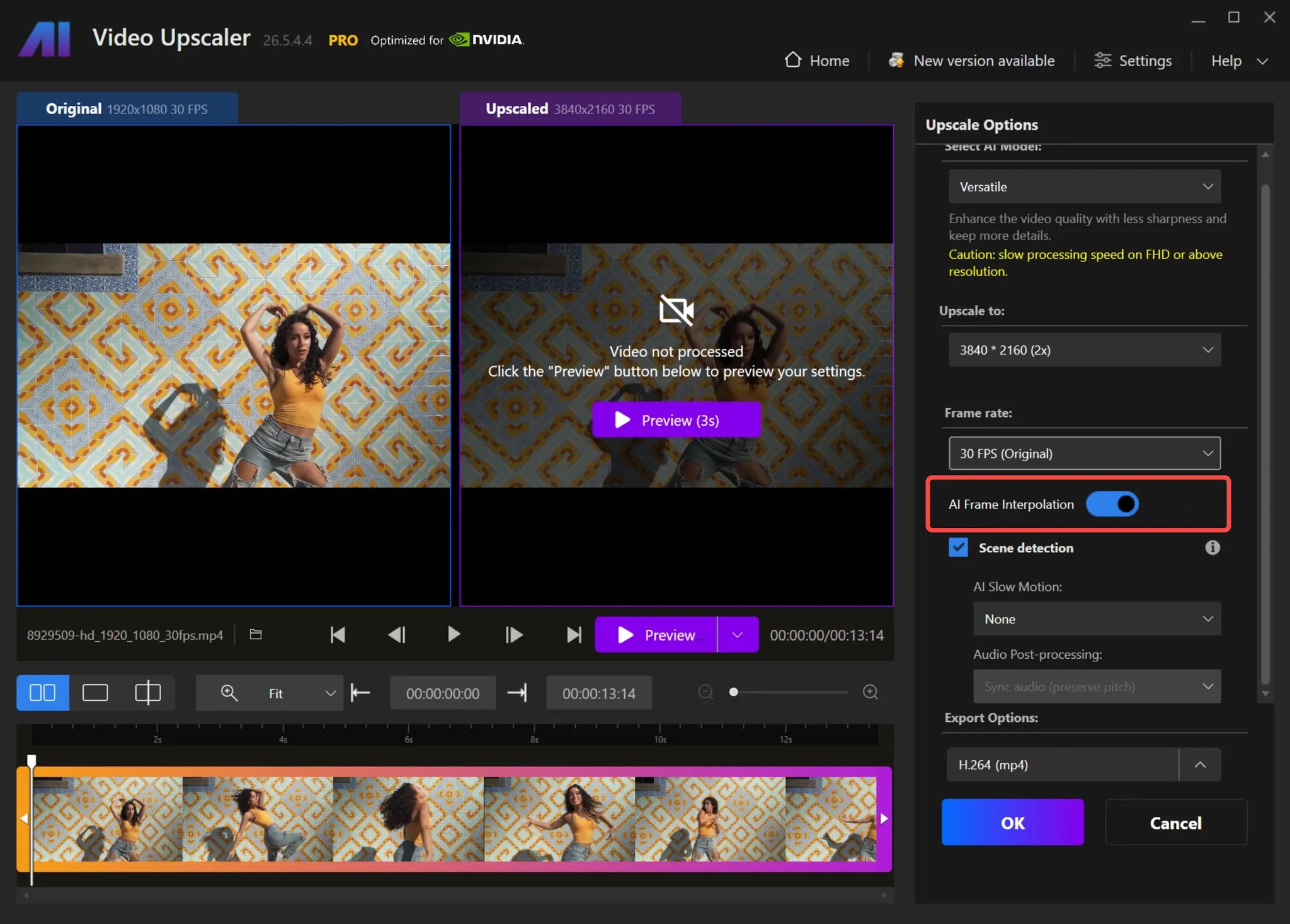 AI Frame Interpolation and Slow Motion in Nero AI Video Upscaler